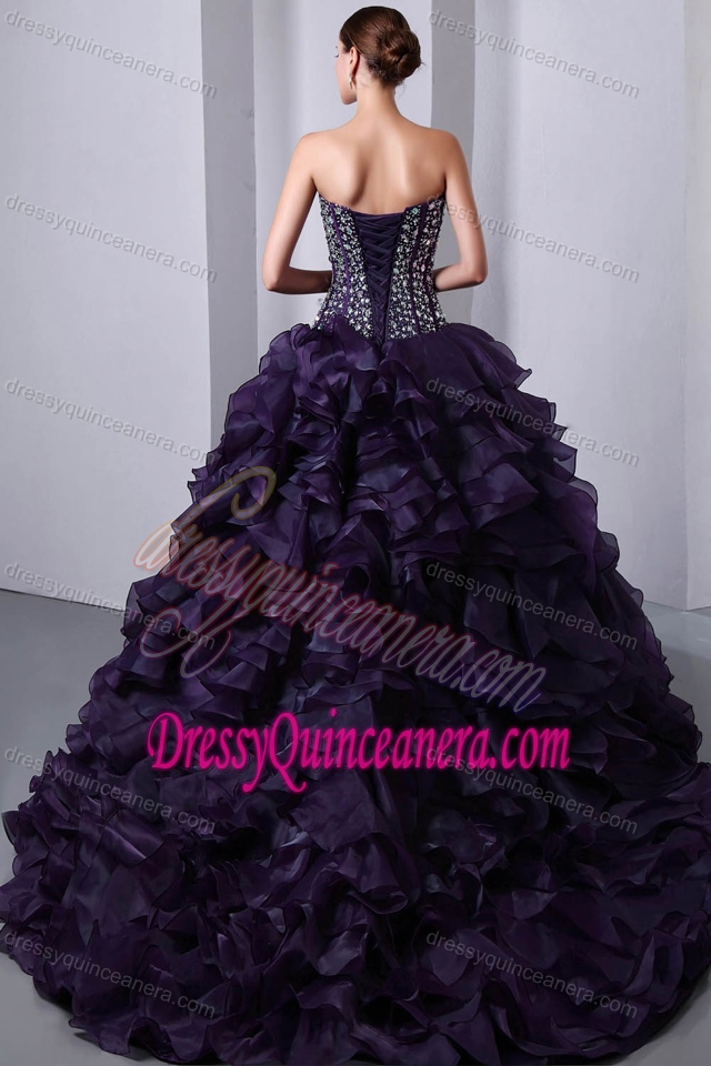 Popular Sweetheart Brush Train Ruffled Lace-up Sweet 16 Dress in Purple
