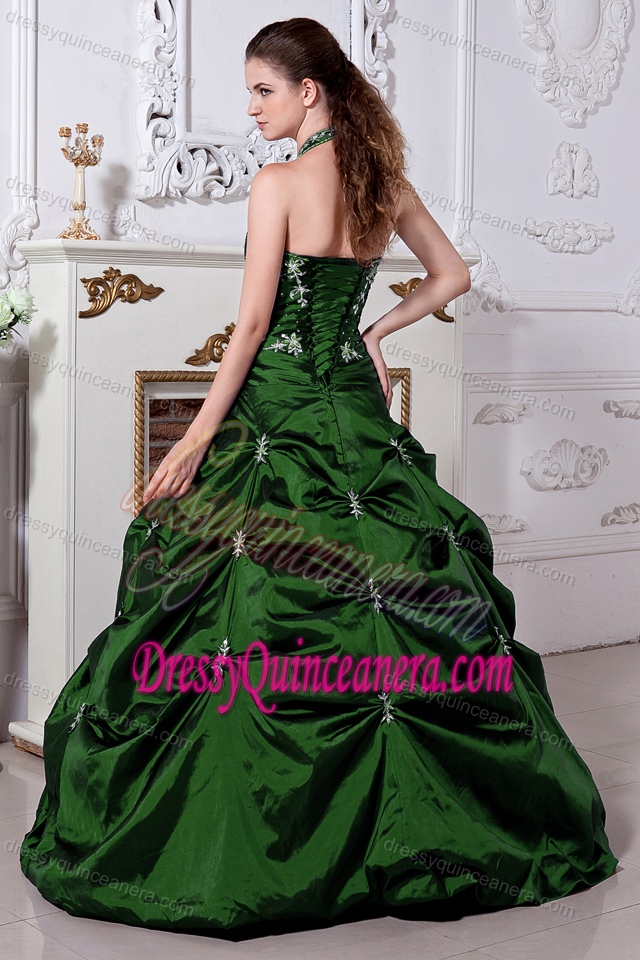 Fabulous Hunter Green Princess Halter Top Taffeta Quinceaneras Dress