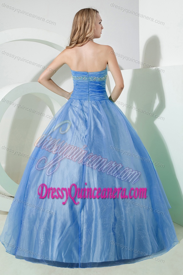 Discount Baby Blue Beaded and Ruched Long Quinceanera Gown under 200