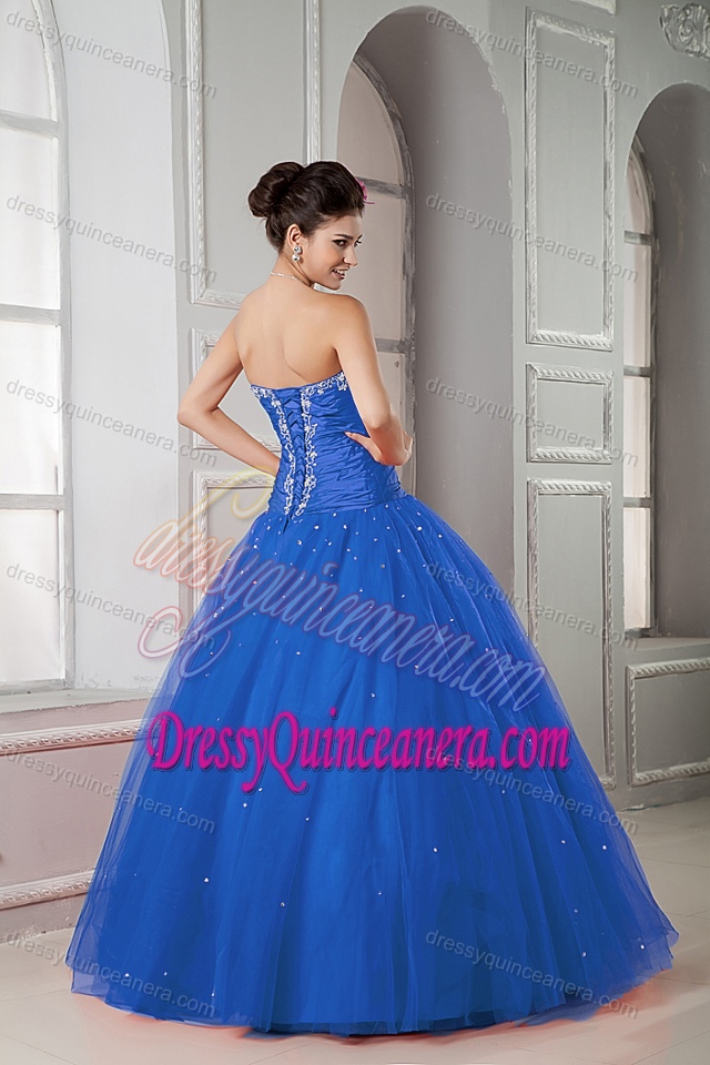 Blue Sweetheart Beaded Long Tulle Magnificent Dress for Quinceanera