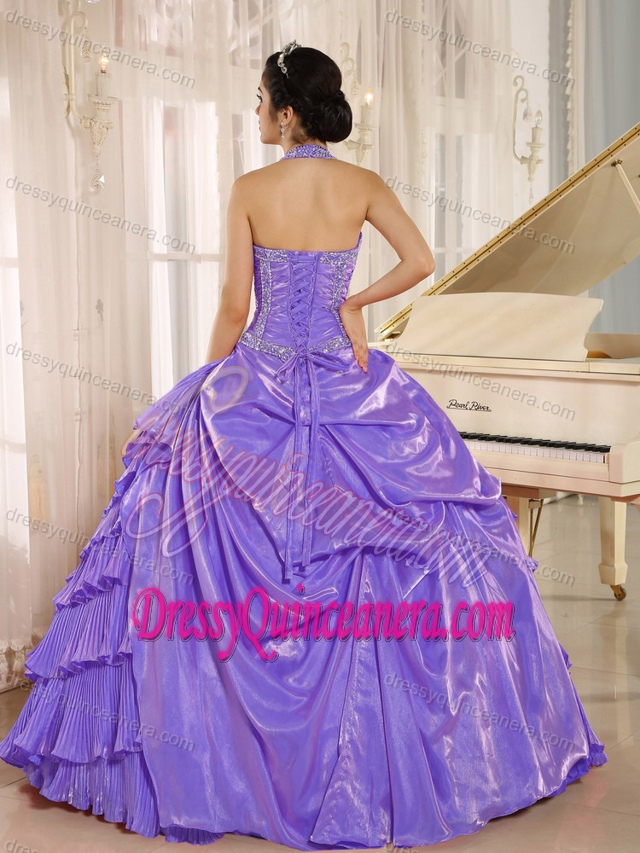 Halter Top Beaded Purple Memorable Quinceanera Gowns with Pleats