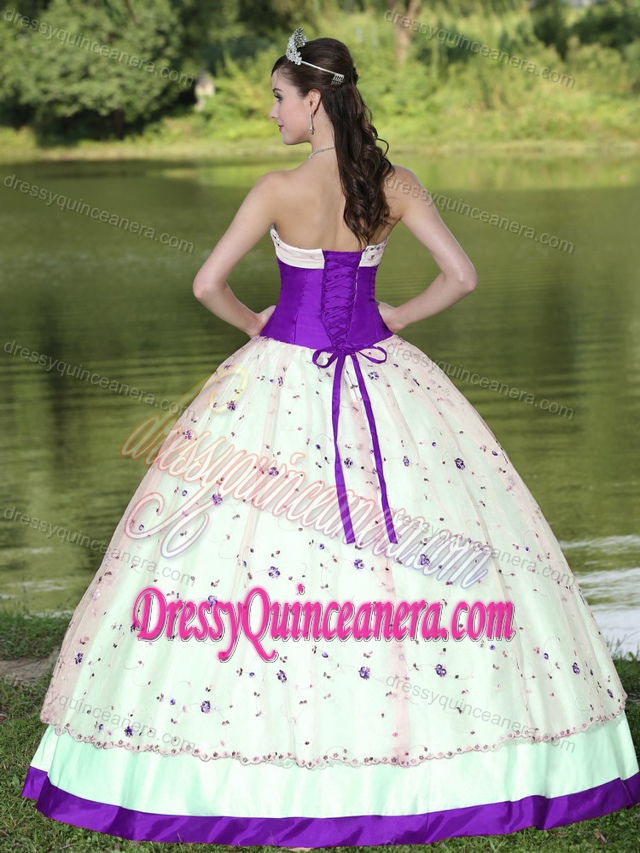 Purple and White Floor-length Satin Flowers Sweet Dress for Quinceanera