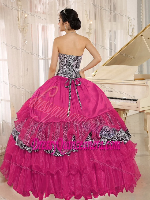 Magnificent Coral Red Zebra and Organza Sweet 15 Dresses with Ruffles