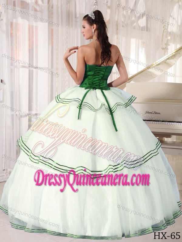 2013 Strapless Organza Appliques Sweet Sixteen Dresses in Green and White