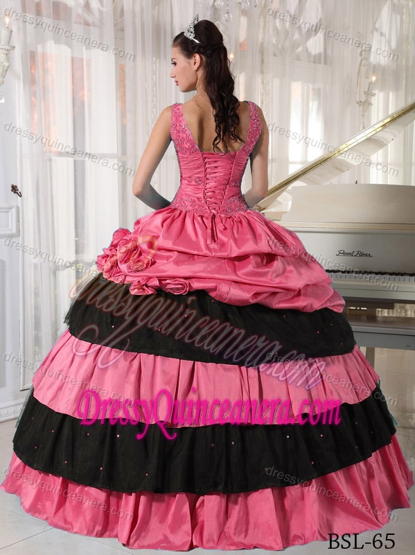 Straps and V-neck Floor-length Beading Quinceanera Dress Made in Taffeta