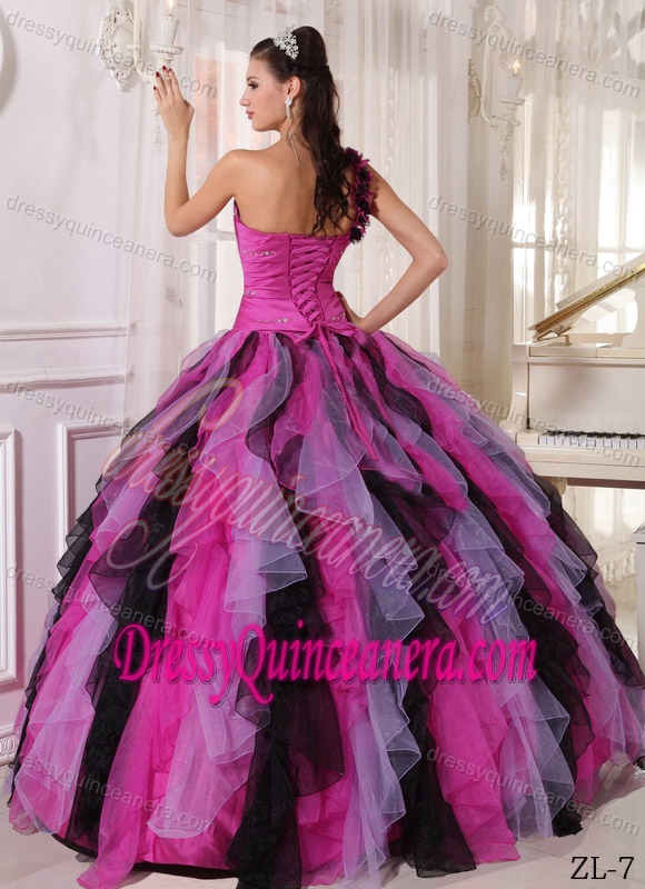 Multi-colored One Shoulder Organza Beading and Ruffles Quinceanera Dress