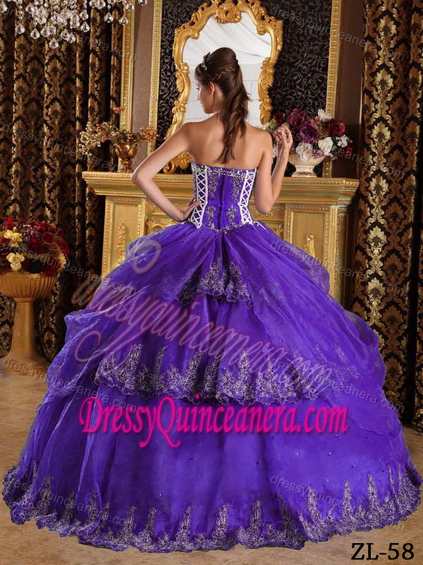 Purple Sweetheart Appliques Quinceanera Dress with White Boning Details