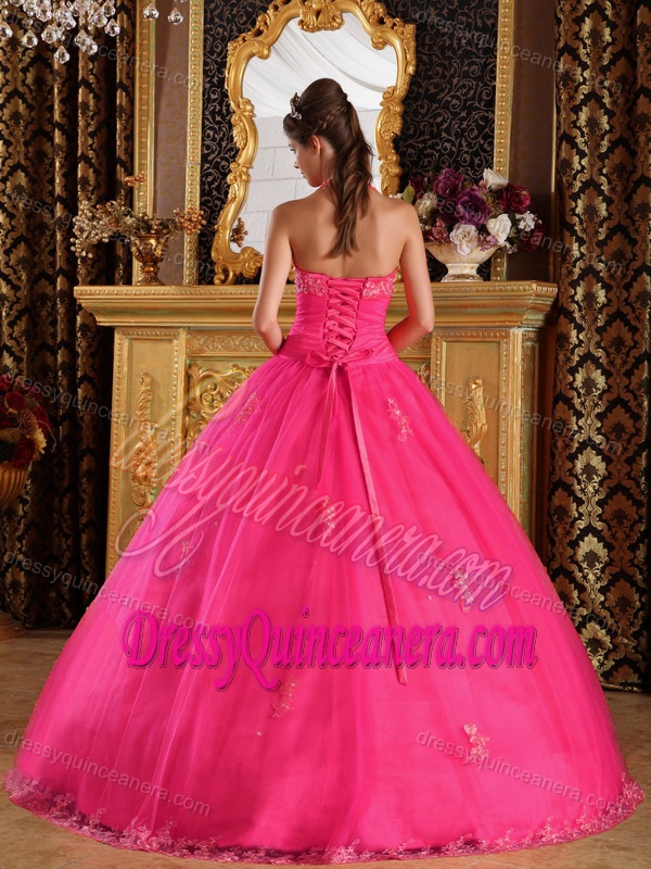 Wholesale Price Appliques Halter Tulle 2014 Quinceanera Dress in Hot Pink
