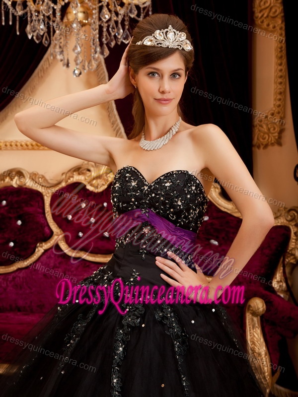 Black Ball Gown Sweetheart Tulle Appliques Quinceanera Dress on Promotion