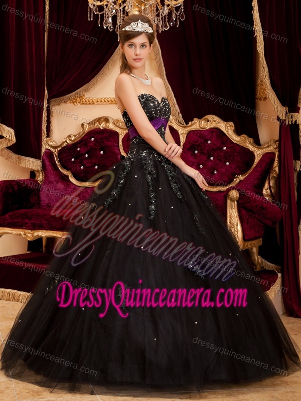 Black Ball Gown Sweetheart Tulle Appliques Quinceanera Dress on Promotion