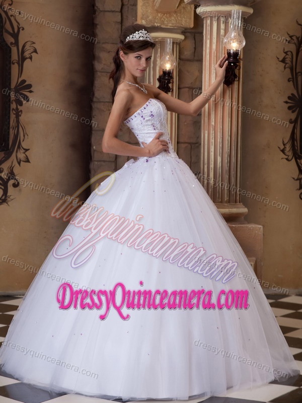 White Ball Gown Strapless Satin and Tulle Embroidery Quinceanera Dresses