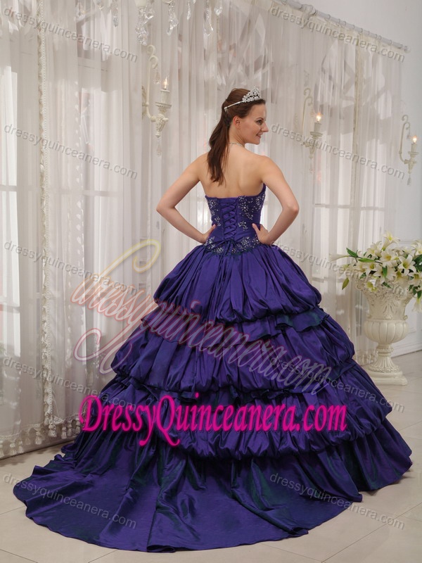 Sweetheart Court Train Taffeta Appliques Quinceanera Dresses in Purple