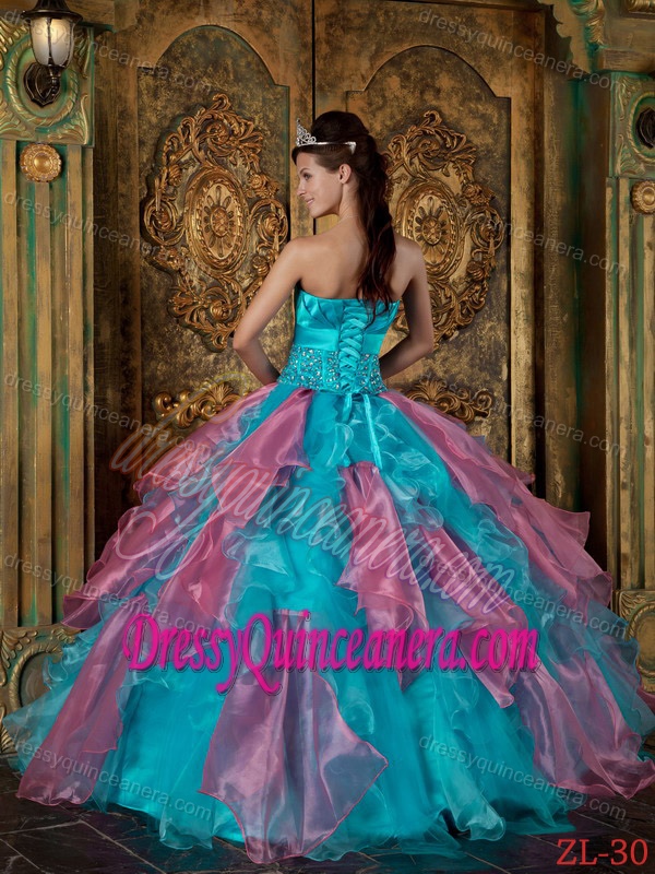 Strapless Organza Beading and Ruffles Quinceanera Dress in Teal and Pink