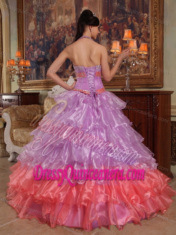 Lavender Beading Halter Organza Inexpensive Quinceanera Dress for 2014