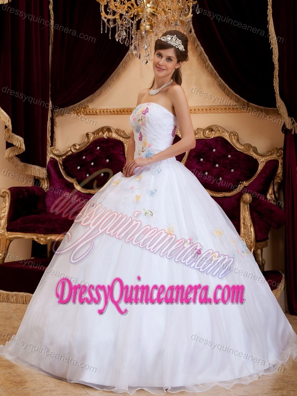 Winter White Princess Strapless Organza Appliques Dress for Quinceanera