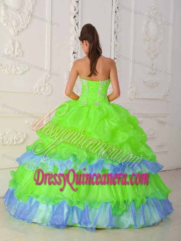 Strapless Beading and Ruffles Organza Quinceanera Dress in Green and Blue