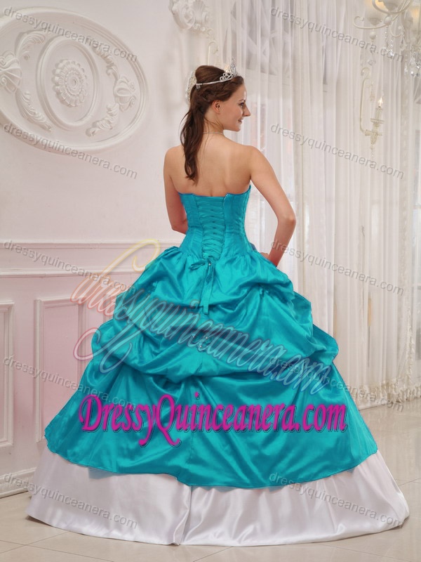 Teal and White Sweetheart Taffeta Beading and Pick-ups Quinceanera Dress