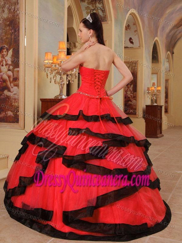Strapless Organza Appliques Long Quinceanera Dresses in Red and Black