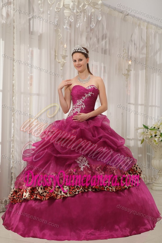 Burgundy Sweetheart Organza and Leopard Appliques Quinceanera Dress