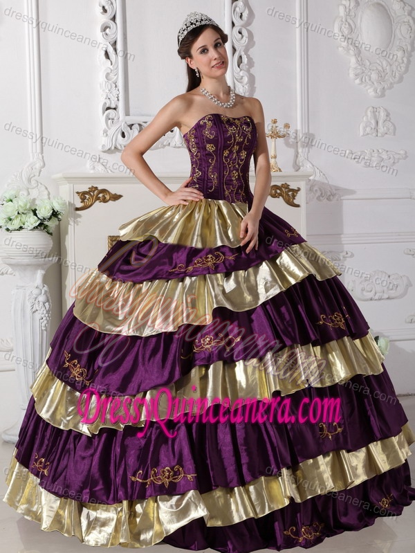 Ball Gown Strapless Taffeta Embroidery Quince Dresses in Purple and Gold
