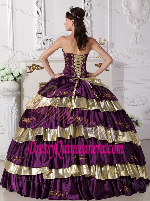 Ball Gown Strapless Taffeta Embroidery Quince Dresses in Purple and Gold