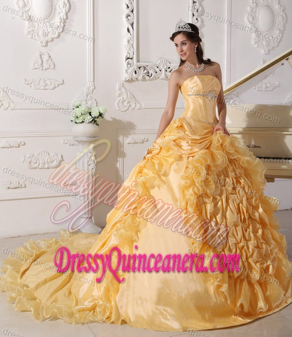 Chapel Train for Gold Strapless Beading Quinceanera Dress Made in Taffeta