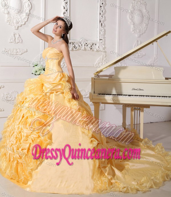 Chapel Train for Gold Strapless Beading Quinceanera Dress Made in Taffeta