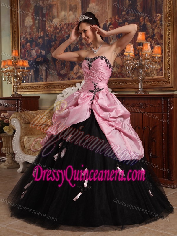 Rose Pink and Black Sweetheart Flowers Tulle and Taffeta Quinceanera Dress