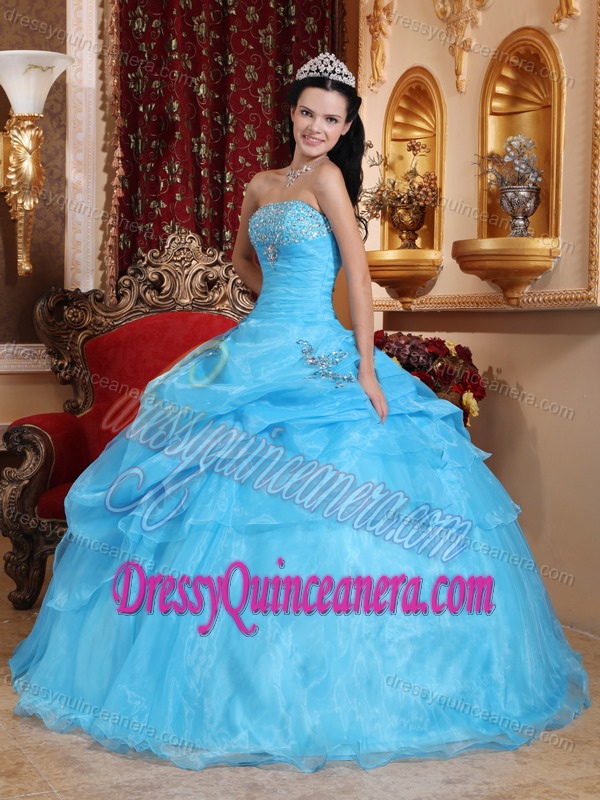 Aqua Blue Ball Gown Strapless Organza Beading Autumn Quinceanera Gowns