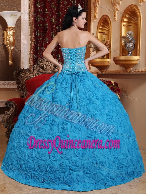 Blue Strapless Fabric With Rolling Flowers Beading 2013 Sweet 16 Dresses