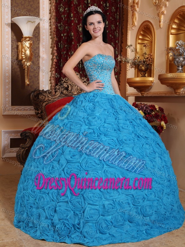 Blue Strapless Fabric With Rolling Flowers Beading 2013 Sweet 16 Dresses