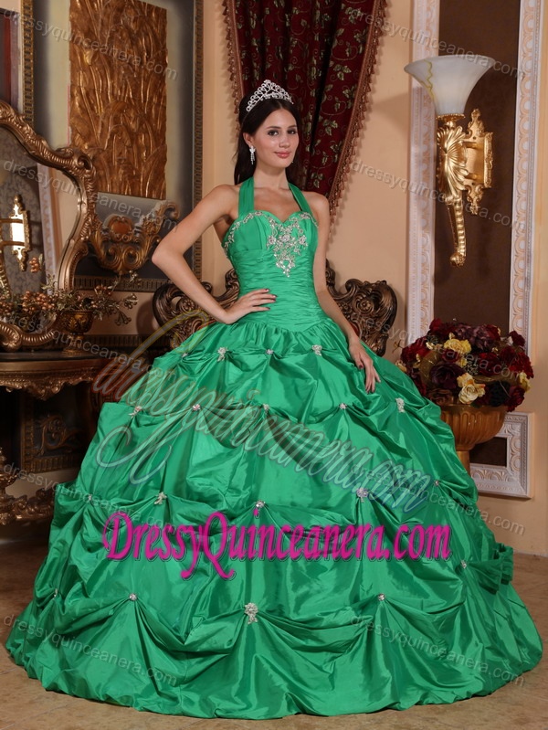 Green Ball Gown Halter Taffeta Appliques Quinceanera Dress with Pick-ups