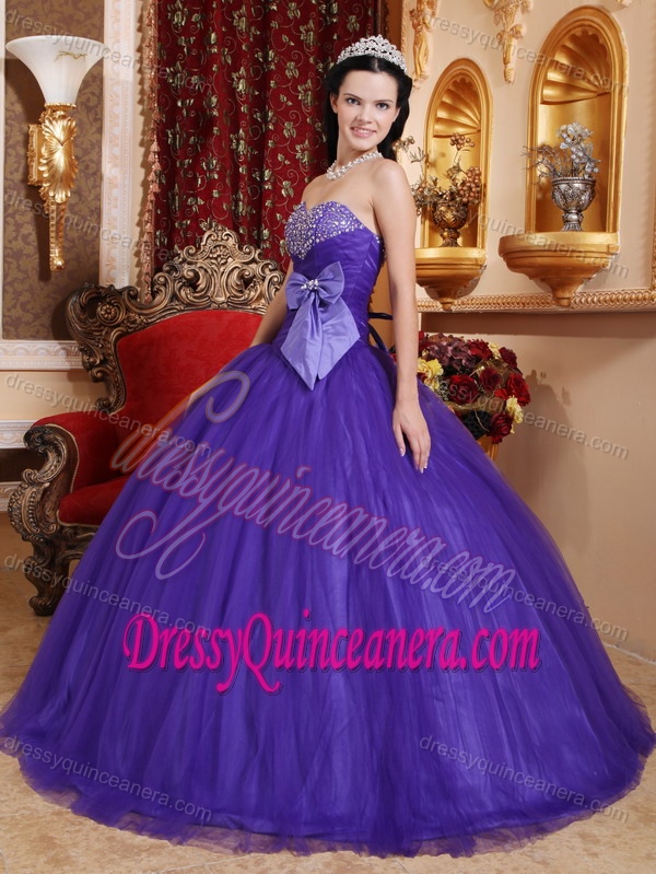 Beading Sweetheart Tulle and Taffeta for Bows Purple Quinceanera Dresses