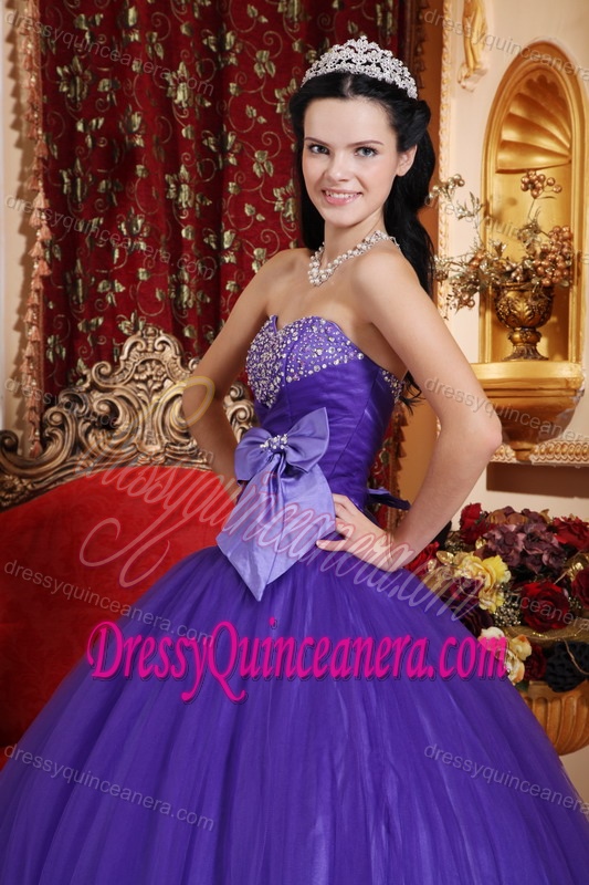 Beading Sweetheart Tulle and Taffeta for Bows Purple Quinceanera Dresses