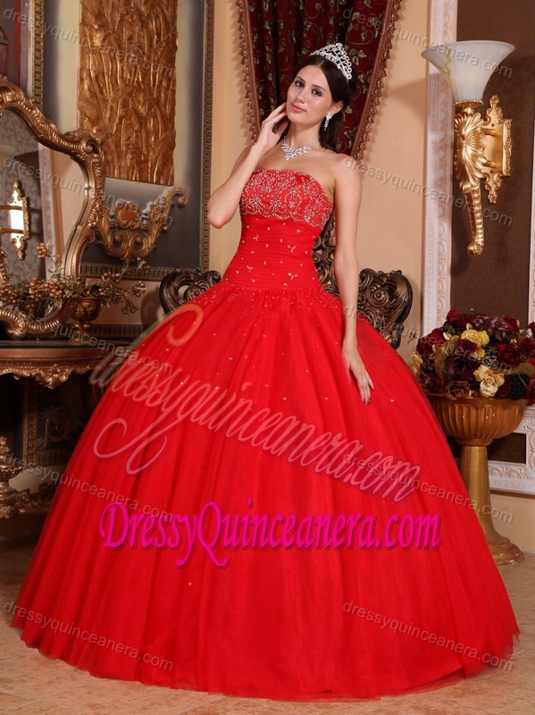 Red Ball Gown Strapless Tulle Beading Quinceanera Dresses On Promotion