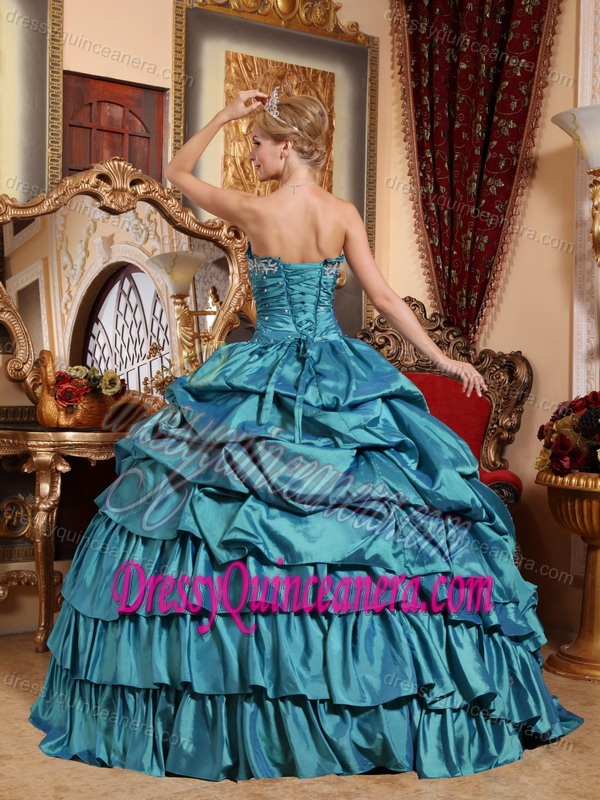Ball Gown Strapless Appliques and Pick-ups Taffeta Quince Dresses in Teal