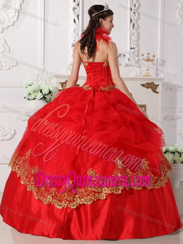 2013 Red and Gold Halter Taffeta Beading and Appliques Sweet 16 Dresses