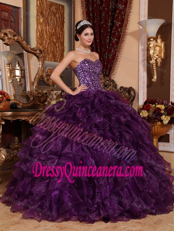 Sweetheart Organza Sequins Purple Quinceanera Dress with Boning Details