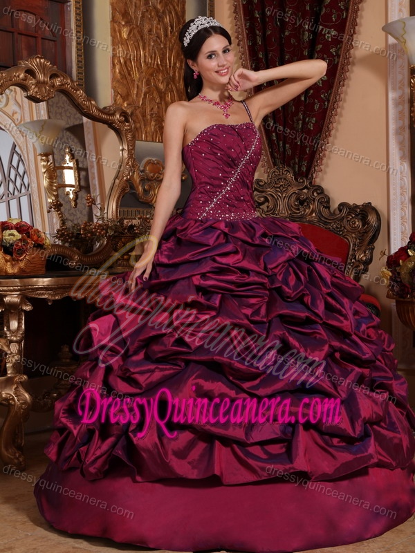 Burgundy Beading One Shoulder Pick-ups Dress for Quince Made in Taffeta