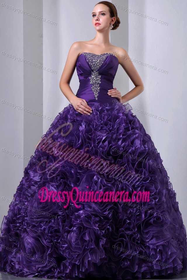 Strapless Organza Beading Purple Quince Dress with Hand Made Flowers