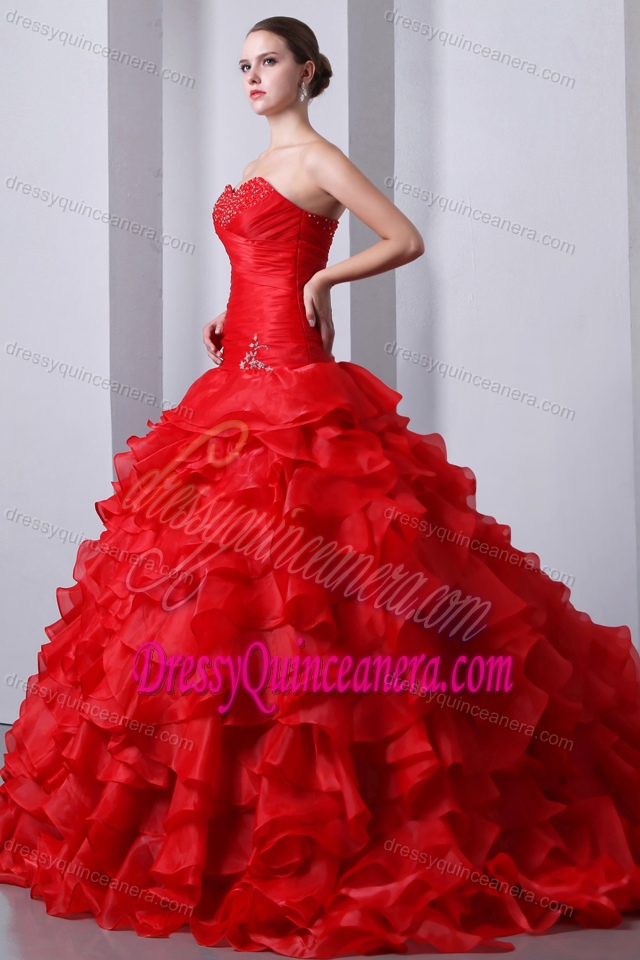 Perfect Red Organza Beaded Ruffled Quinceanea Dress with Brush Train