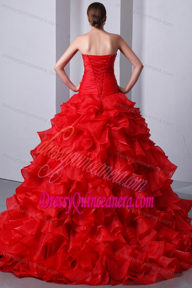 Perfect Red Organza Beaded Ruffled Quinceanea Dress with Brush Train