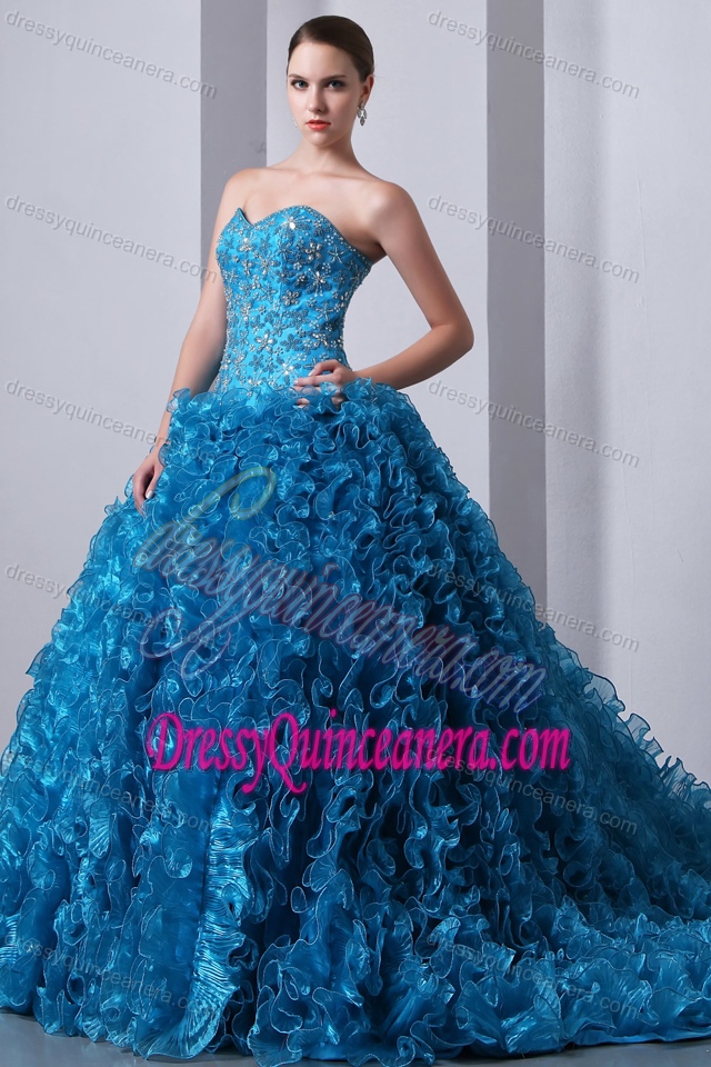 Sweetheart Brush Train Beaded Quinceanea Dress in Blue with Ruffles