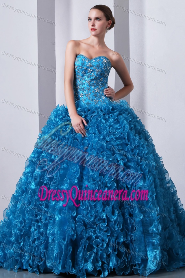 Sweetheart Brush Train Beaded Quinceanea Dress in Blue with Ruffles