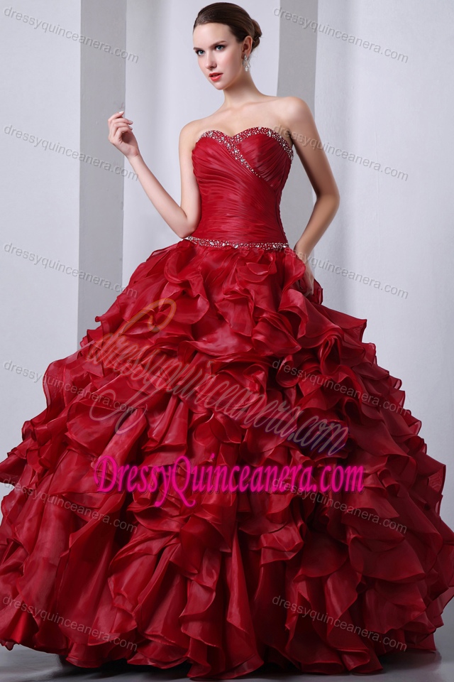Wine Red Organza Quinceanea Gown Dress with Beading and Ruffles