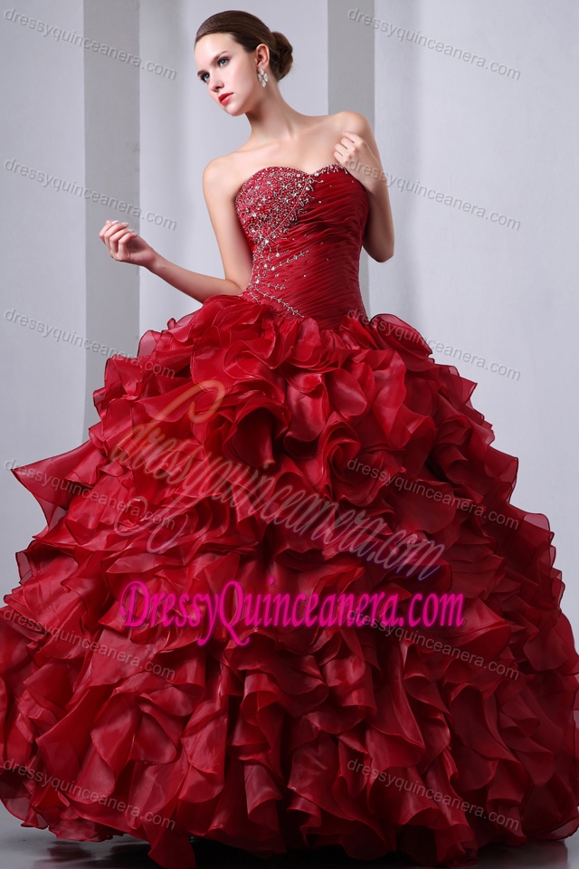Unique Organza Beaded Ruffled Quinceanea Gown Dress in Wine Red