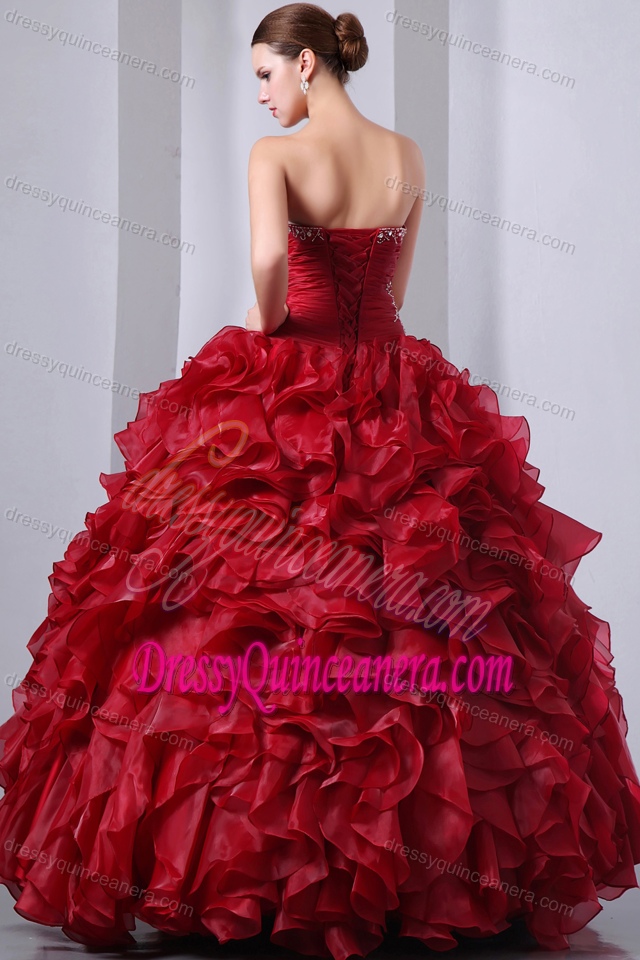 Unique Organza Beaded Ruffled Quinceanea Gown Dress in Wine Red
