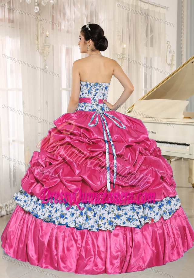 Beaded Taffeta Printed Coral Red Quinceanera Gown Dress with Pick-ups