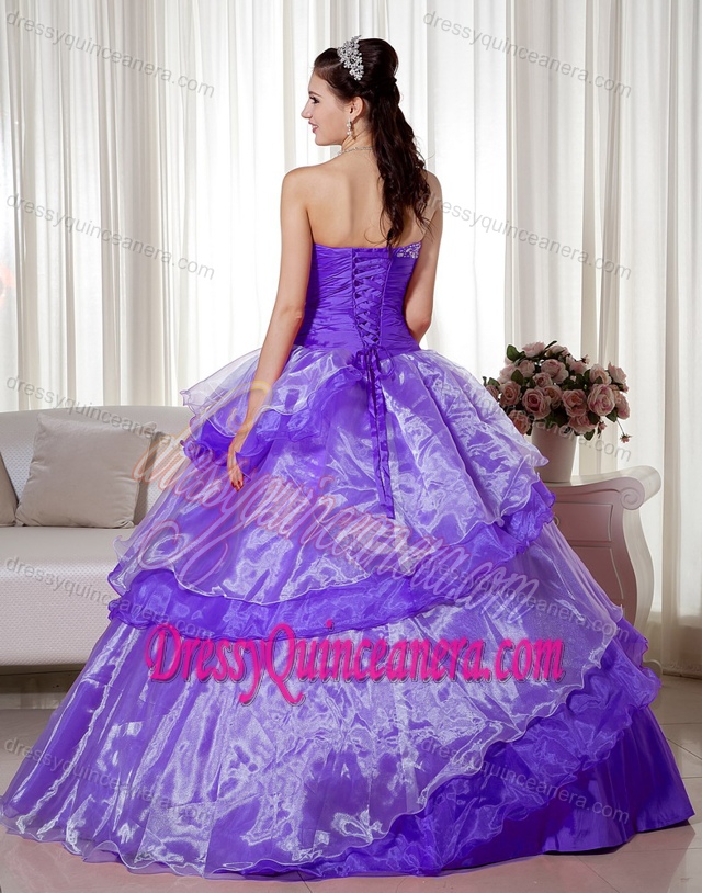 Purple Taffeta and Organza Beaded Quince Dresses with Hand Made Flower