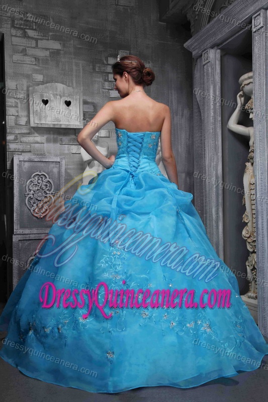 Beautiful Strapless Appliqued Quinceanera Gown Dresses in Aqua Blue